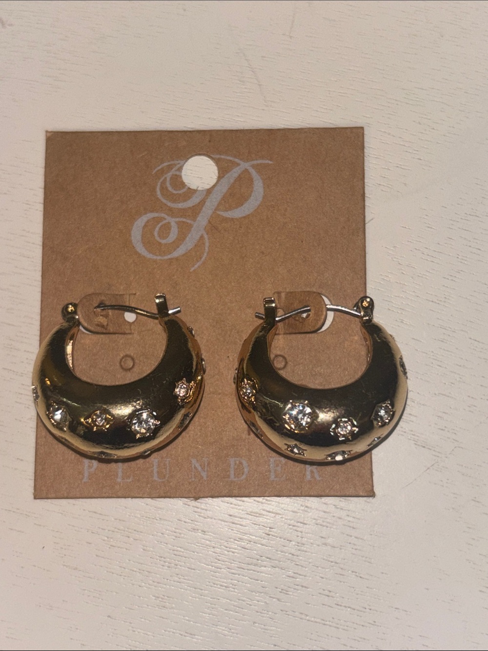 Plunder Gold Dome Hoop Earrings with Clear Crystal Studs